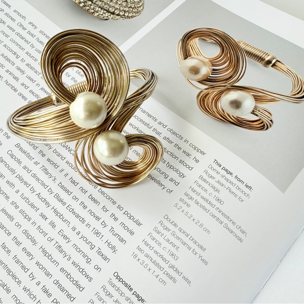 Vintage 1960s Yves Saint Laurent Faux Pearl Gilt Scroll Bracelet Roger Scemama